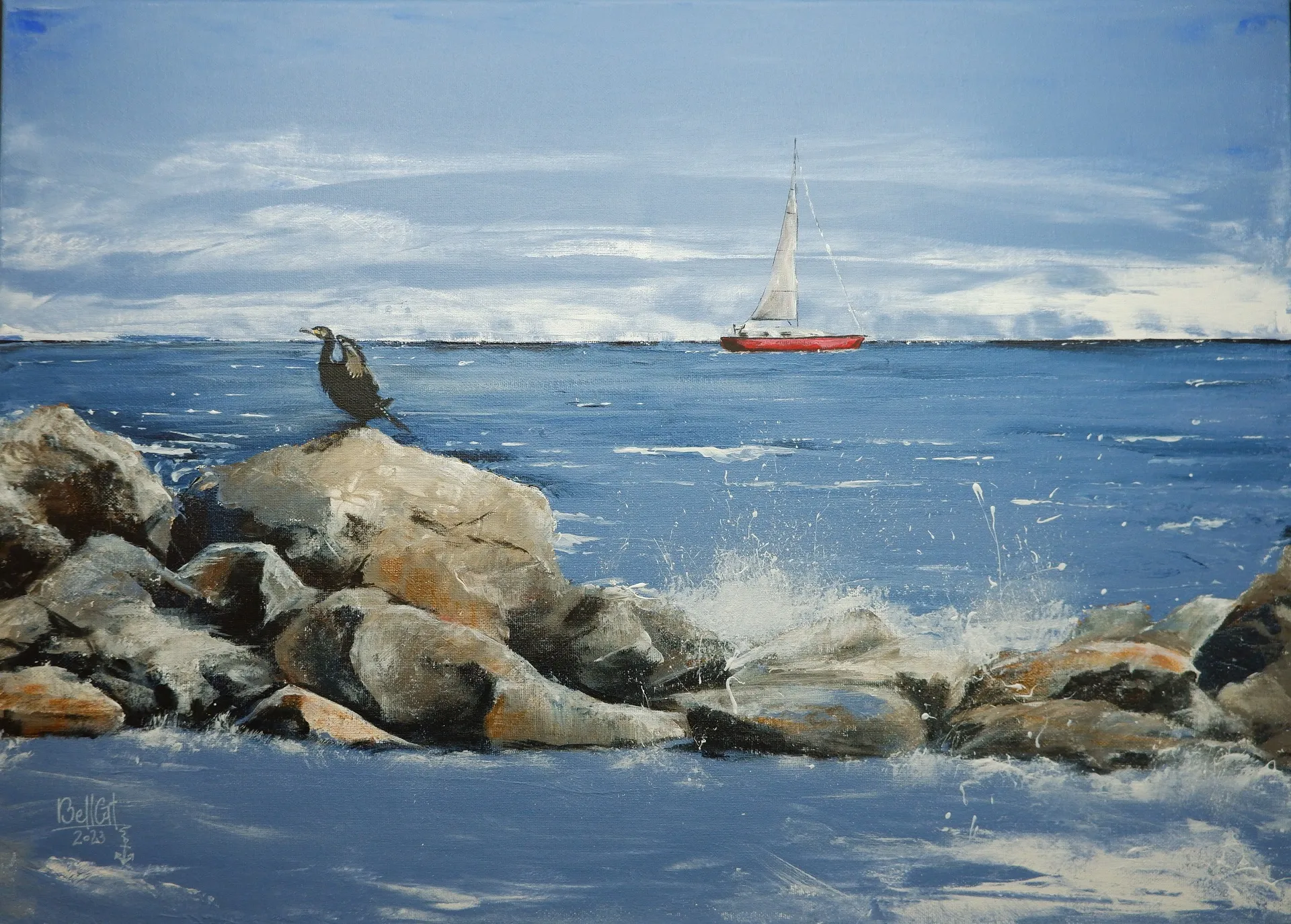 Acrylgemälde, Ostsee mit Felsen mit Komoran im Vordergrund und Segelschiff im Hintergrund
