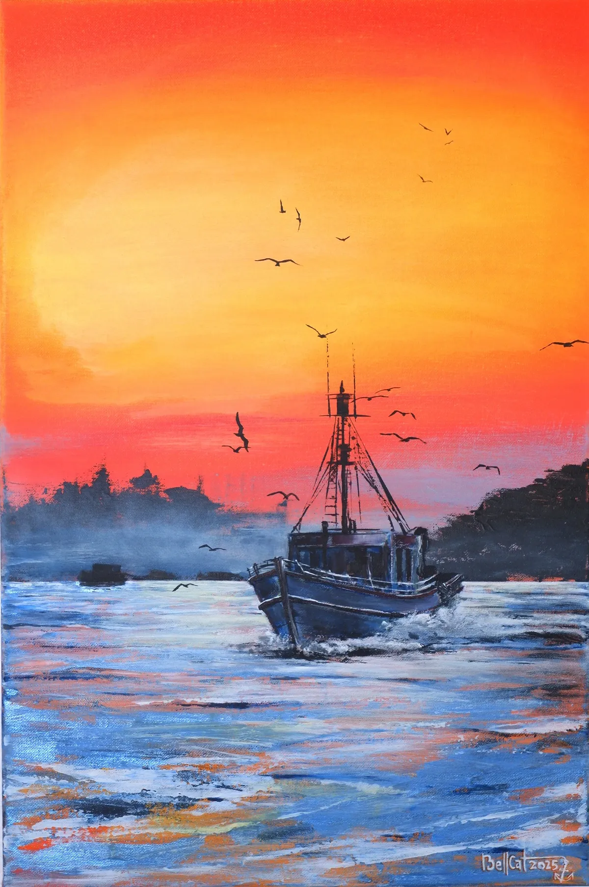 Acrylgemälde mit Fischerboot bei Sonnenaufgang