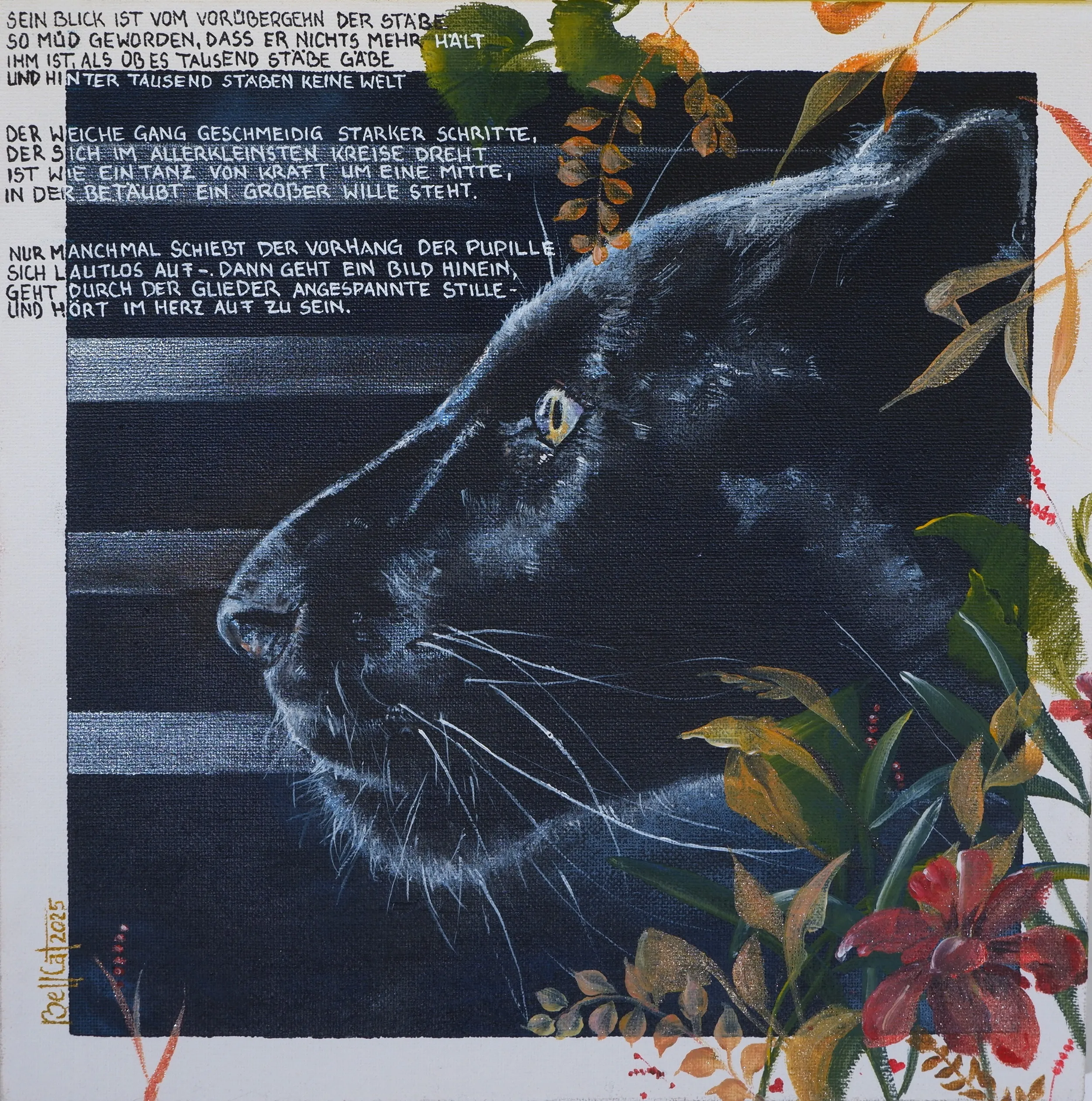 Acrylgemälde mit einem Panther und Pflanzen im Vordergrund, mit einem Gedicht "Der Panther" von Rilke